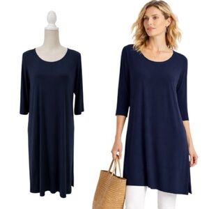 Alembika Long Tunic Top Navy Size 2 US 8-10 A-Line 3/4 Sleeve Minimalist Stretch
